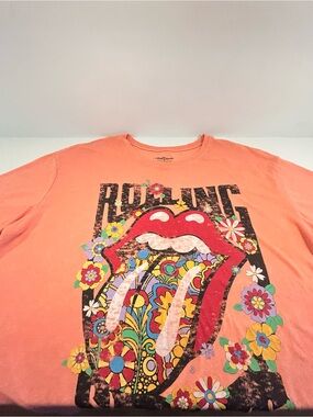 Rolling Stones Graphic Tee XXL Floral Tongue Logo Coral Boho Band T Shirt